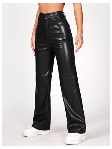 MakeMeChic Women's PU Faux Leather Straight Leg Trousers Party Long Pants Clubwear3