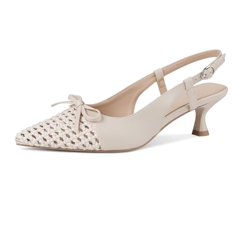 Slingback Kitten Heels for Women Pointed Toe Rhinestone Bow Pumps Low Heel Adjustable Buckle Strap Prom Dating Wedding Prom Dress Heeled Shoe