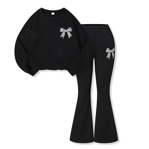 Image of Tween Girls Clothes Long Sleeve Graphic Sweatshirt Top + Bow Knot Pants 2 Piece Outfit Set, Size 7-16Years