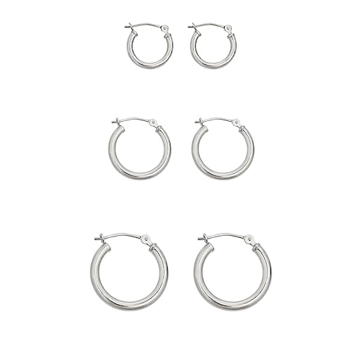 Image of AVORA 10K Gold Classic Polished 2mm Tube Click-Top Hoop Earrings 3-Pair Set - Yellow or White Gold