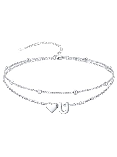 Image of SILVERCUTE Silver Anklets for Women, Waterproof Initial Heart Ankle Bracelets Sterling Silver, Adjustable Layered Foot Jewelry Summer Beach Fashion with Personalized Name Design, Gift Package