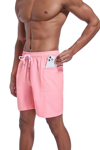 QRANSS Men's Fashion 7 inch Quick Dry Swim Trunks Zipper Pockets Bathing Suit Beach Shorts Boardshorts Without mesh Liner