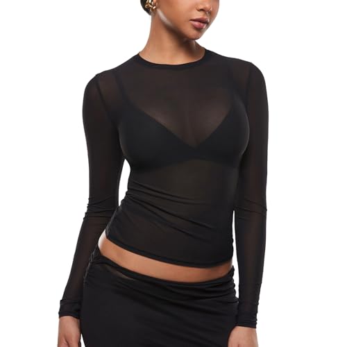 INLYRIC Women's Cosnufy Mesh Sheer Long Sleeve Tops See Through Crew Neck Going Out Tops Trendy Sexy Shirts Black Medium