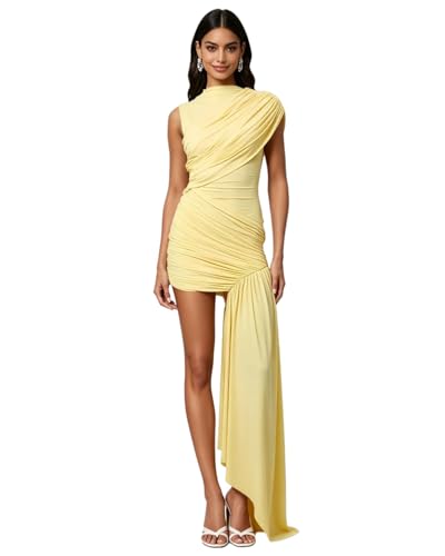 Image of Women's Sleeveless Ruched Maxi Dress Mock Neck Flowy Ribbon Bodycon Cocktail Dress Elegant Club Party Formal Mini Dress (Yellow,L)