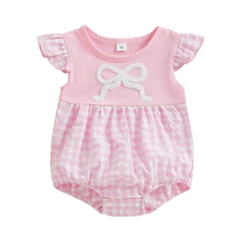 Sprifallbaby My First Easter Baby Girl Outfits Cute Rabbit Bubble Romper Newborn Collared Smocked Bodysuit Summer Clothes (Pink Bow, 6-12 Months) Cover