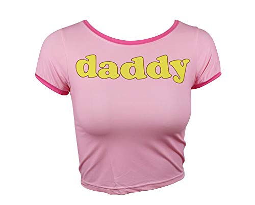 Crop Top Women Girl's Pink Crew Neck Sexy Short Sleeve Daddy Tight Midriff-Baring T-Shirt2