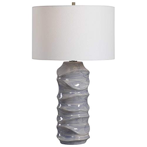 MY SWANKY HOME Luxe Blue White Waves Sculpted Ceramic Table Lamp Wavy Cobalt Drip Glaze Coastal