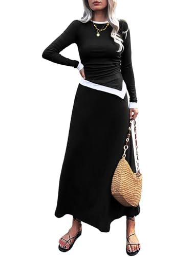 2 Piece Skirt Sets for Women 2024 Trendy Ribbed Knit Long Sleeve Crop Top Pleated Midi Flowy Skirts Matching Sets