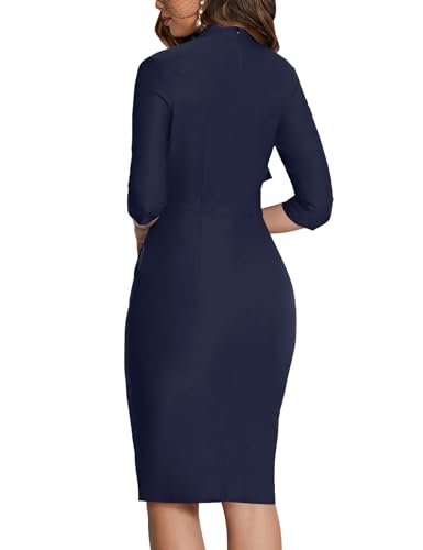 Image of MUXXN Women's Midi Pencil 1950s Vintage Cocktail 3 /4 Sleeve Tie Neck Bodycon Mid-Calf Dress with Pockets