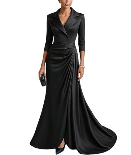 Sheath/Column Elegant Satin Formal Gown, V Neck 3/4 Sleeve Formal Gown Ruched Detail