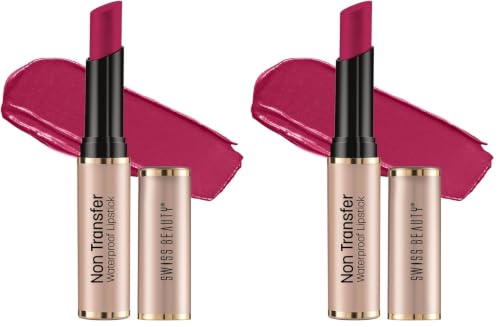 Image of Swiss Beauty Non-Transfer Waterproof Lipstick with Jojoba Seed Oil | Matte Finish | Long-Lasting | Highly Pigmented | Shade- Vivid Magenta, 3gm (Pack of 2)