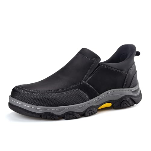 UPIShi Herren-Schlupfschuhe, freihändig, wasserdicht, Arbeitsschuhe, Leder, Walking, Slip-Ins, Freizeit, Outdoor, Büro, Business, Dämpfungsschuhe, Schwarz, 44 EU