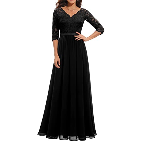 Damen Elegant Spitze 3/4 Ärmel A Linie Langes Kleid Empire-Taille Mesh Abend Cocktail Hochzeit Party Kleid, Schwarz , M