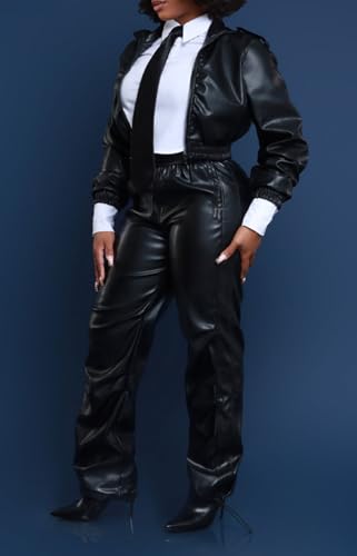 hibshaby Faux Leather High Waist Pants for Women, Trendy High Waist Trousers Black4