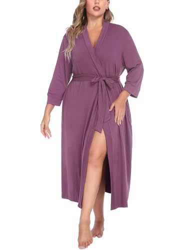 Image of IN'VOLAND Womens Plus Size Kimono Robes Long Knit Bathrobe V Neck Ladies Loungewear Lightweight Soft Sleepwear 1X-5X