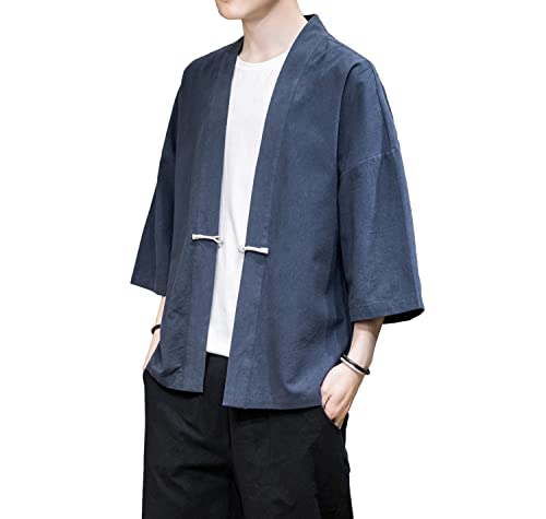 Image of Mens Kimono Cardigan Cotton Linen Japanese Shirt 3 /4 Sleeve Haori Yukata | Skin-Friendly Solid Color Lightweight Shawl Collar Kimono Robe Embroidery Button Tie Pockets Happi Coat All Season Daily Wear