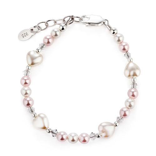 Cherished Moments Children's Sterling Silver Heart Bracelet with High-End Simulated Pearls and Crystals for Babies, Kids, or Little Girls