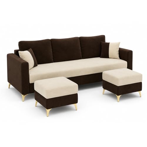 Image of Classiq Rich 5 Seater L Shape Sofa Set with 2 Movable Ottomans | Flexible Layout | Rich Velvet Suede Fabric | Silver Legs | Dual Tone Modern Sofa for Living Room (Dark Brown-Cream)
