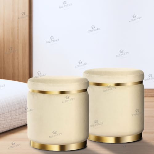 Velvet Luxurious Set of 2 Piece Ottoman Pouffes Set for Sitting for Bedroom & Living Room,Wooden Small Ottoman Footrest Stool, Makeup Chair, Pouf for Office & Home Decoration. (Cream, 2)-image-19