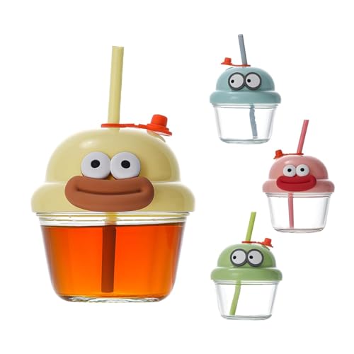 Image of 400ml Glass Sipper Mug with Leather Grip Sleeve - Leak-Proof Lid & Straw Reusable,Hot & Cold Beverages, Water, Juice, Coffee Home, Bar, Office Use (Sipper MINI Funny FACE Mug 250ML)