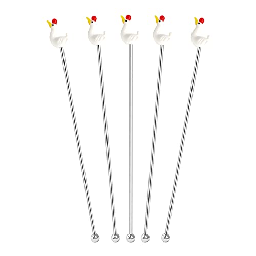 7.6 Inches Stainless Steel Cocktail Coffee Drink Stirrers Stir Cocktail Drink Swizzle Stick with White Goose Glass Decoration For Stir Beverage Coffee Cocktail Mixing Container (White 5 Pack)
