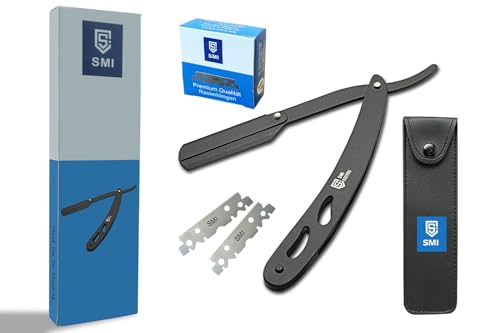 SMI Navaja de Afeitar Hombre Profesional con 100 Cuchillas y Estuche, Straight Razor de Acero Inoxidable, Maquinilla de Afeitar de Barbero para Barba y Recortes