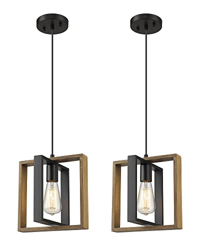 Farmhouse Pendant Lighting Fixture, Soild Wood Hanging Light, Rustic Kitchen Island Light Fixture with Adjustable Cord for Entryway Dinning Room Bathroom Bedroom - 2 Pack
