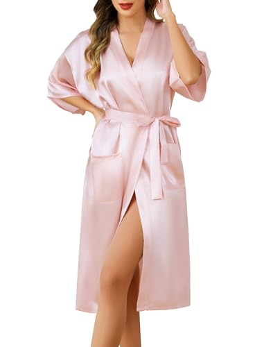Lovasy Bata de Satén Mujer Largo Sexy Kimono Japones Batas de Casa Mujer Novia y Dama de Honor con Bolsillos y Cinturón,Rosa,L