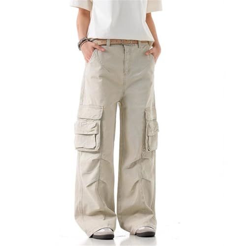 Men Multi Pockets Cargo Pants Loose Straight Leg American Pleated Design Overalls Summer Solid Color3