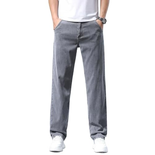 Summer Men's Loose Straight Jeans Business Casual Trousers Grey 34