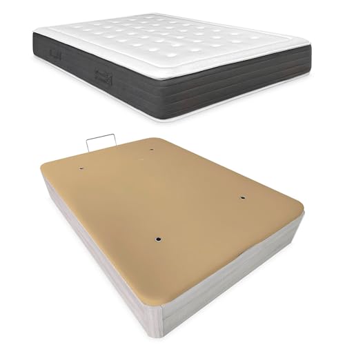 Somnia Descanso - Pack Colchón Viscoelástico Premium Creta 24cm + Canapé Madera Abatible Extra Reforzado con Gran Capacidad | Color Polar 135 x 190