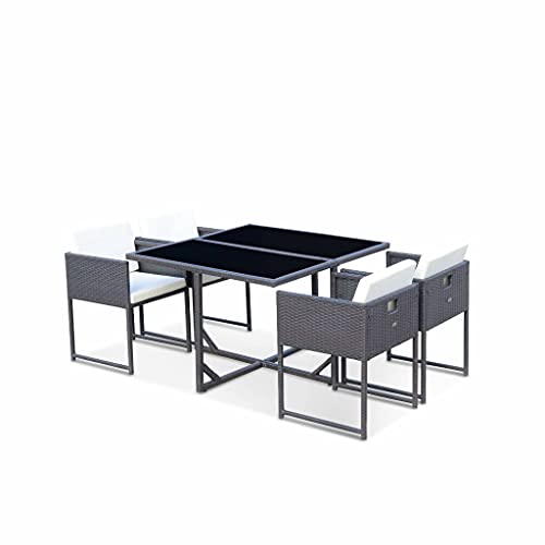 Alice's Garden - Table de Jardin en résine 4 Places – Firenze 4 – Coloris Marron. Coussins Blancs. Table encastrable