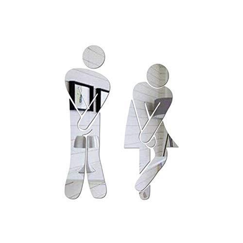 MOTZU 3 Pieces Crossed Legs Funny Bathroom Toilet Restroom Door Accessories Symbol Sign Mirror for Home Office and Work, Fashion Removable Cute Man Woman Washroom WC Sticker Family DIY Decor, Silver