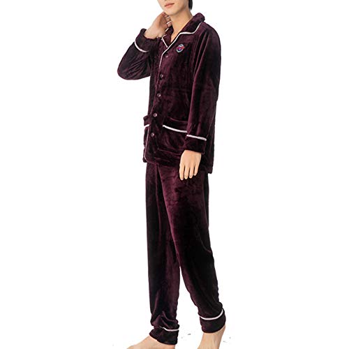 Ensemble de pyjamas chauds hommes velours vêtement nuit boutonné rouge - 2