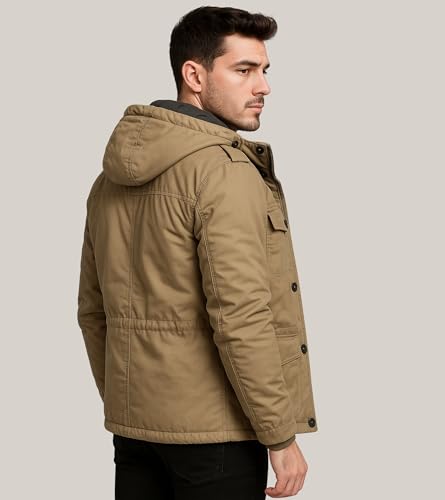 Image of L'MONTE Men's Heavy-Duty Winter Jacket - Cotton Outdoor Coat with Fleece Lining, Detachable Hood, and Multi-Pockets - Warm, Windproof & Stylish for Cold Weather
