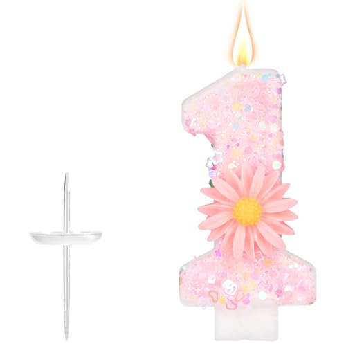 Vela de Cumpleaños con Número Rosa, 7,2cm Purpurina Margarita Brillante Vela Número Adorno para Tarta Ideal para Cumpleaños de Niña Fiestas Baby Shower y Aniversarios Regalos (1)