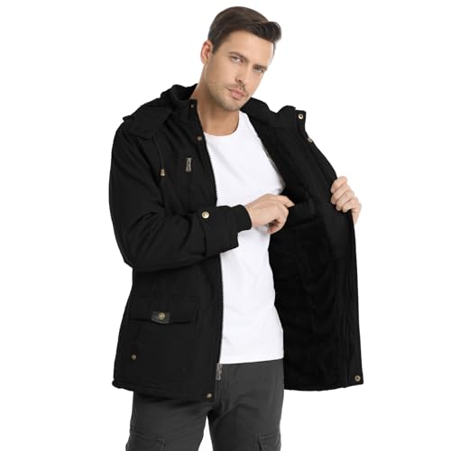 CHEXPEL Hooded Winter Jackets for Men Thick Military Jackets Thicken Casual Zip Out Coat Outerwear with Snap Pockets Black S