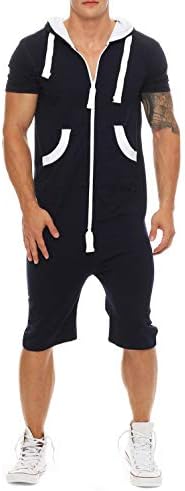 Mens Rompers Jumpsuits ShortSleeve One Piece Drawstring Hooded Tracksuits Casual Coverall Playsuits with Pockets