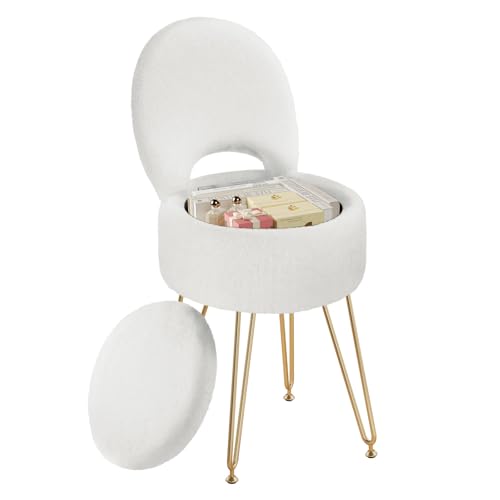 Rolanstar Schminkstuhl mit Stauraum, Schminktisch Stuhl mit Klappbare Rückenlehne, Bürostuhl mit Kunstfell-Sitz, rutschfeste Metallbeine, für Teenager (Weiß, S)