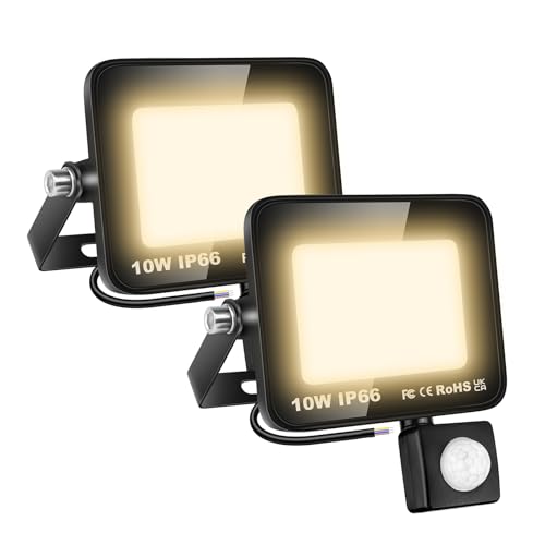 SKYWORLD 2Pcs Outdoor Security Light Motion Sensor, 10W 1000 Lumen LED Floodlights with PIR Sensor Outside Wall Light, 3000K Warm White Waterproof Lighting for Garden Garage Patio Backyard Rooftop