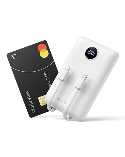 WeeFancy Mini Power Bank 10000mAh 22.5W Bärbar laddare USB C med integrerad kabel PD QC snabbladdning, ultrakompakt externt batteri med 2 utgångar kompatibel med iPhone 15/14/Galaxy/Xiaomi/OnePlus
