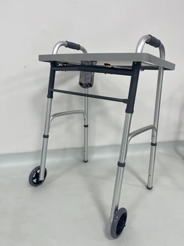Walker Folding Deluxe with Tray and Front 5\" Wheels and Free 2pair Round Rear Glide caps, Adjustable Height (Short, Standard, Tall People) by Healthline Trading