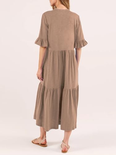 Image of Mieazom Short Sleeves Maxi Dress for Women A Line Summer Dress V Neck Casual Loose Tiered Long Dresses with Pockets