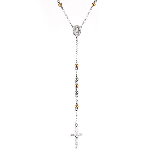 COTTVOTT Stainless Steel 6mm Beads Rosary Catholic Necklace Holy Medal & Crucifix 32inch(golden silver tone) by COTTVOTT - Used condition - Image 4