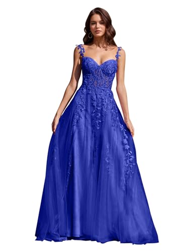 Image of Long Tulle Prom Dresses 2025 V Neck Floral Long Ball Gowns for Women Lace Applique Formal Evening Gowns ACE159