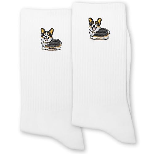 ERMCDFHC Welsh Corgi Socks for Women or Men - Cute Cartoon Tricolor Corgi Dog Design Embroidery White Crew Socks.(058)