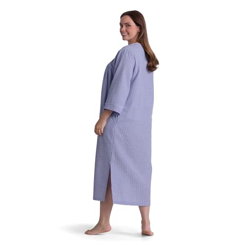 Image of Miss Elaine Long Seersucker Women's Robe, Pockets and Zipper with Front Embroidered Trim, Sleepwear & Loungewear