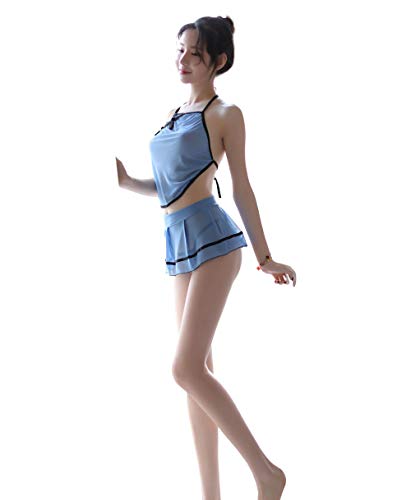 SINMIUANIME Womens 2 Piece Mesh Cheongsam Lingerie Chinese Schoolgirl Cosplay Nightie Bellyband with Skirt, Blue, One Size