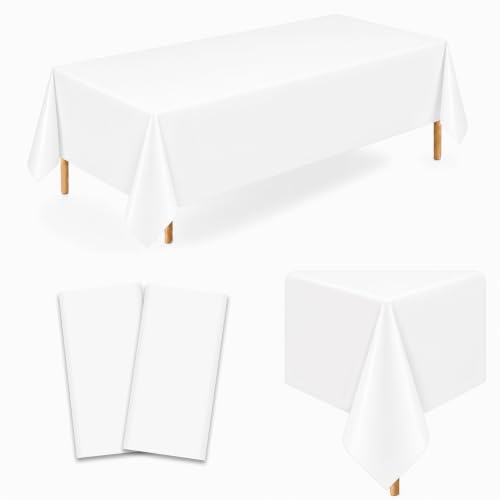 Image of 2 Pack White Plastic Tablecloths, 54 x 108 Inch Disposable Covers | Ideal for Weddings, Bridal Showers, Birthdays and Graduations, Helping Protect Tabletops and Simplify Event Cleanup