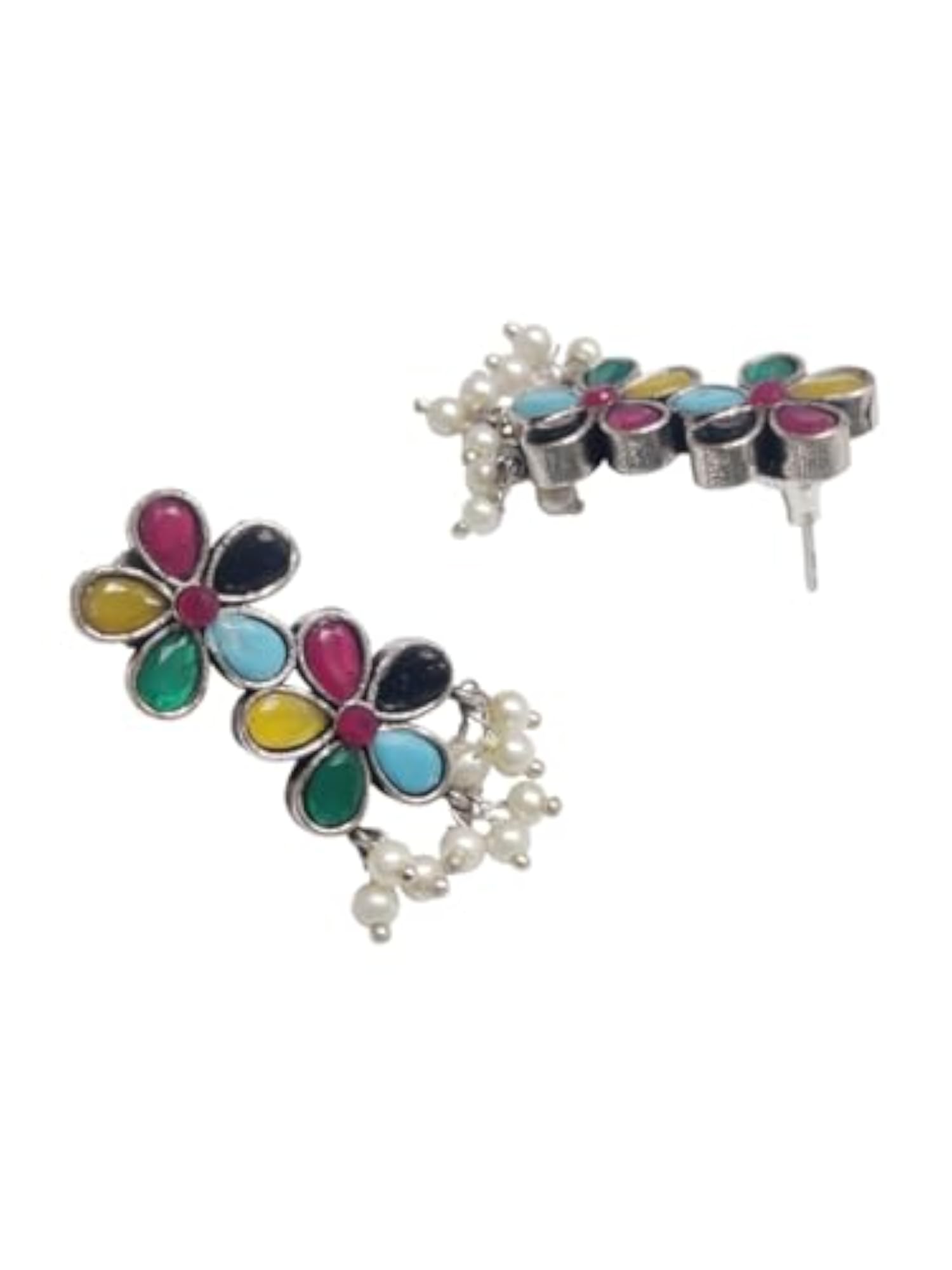 Women's Oxidised Silver Choker Necklace Set - Multi Color Floral Design